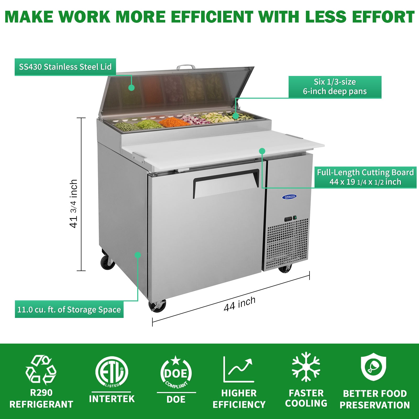 Orikool 44 In Commercial Pizza Prep Table with Refrigerator