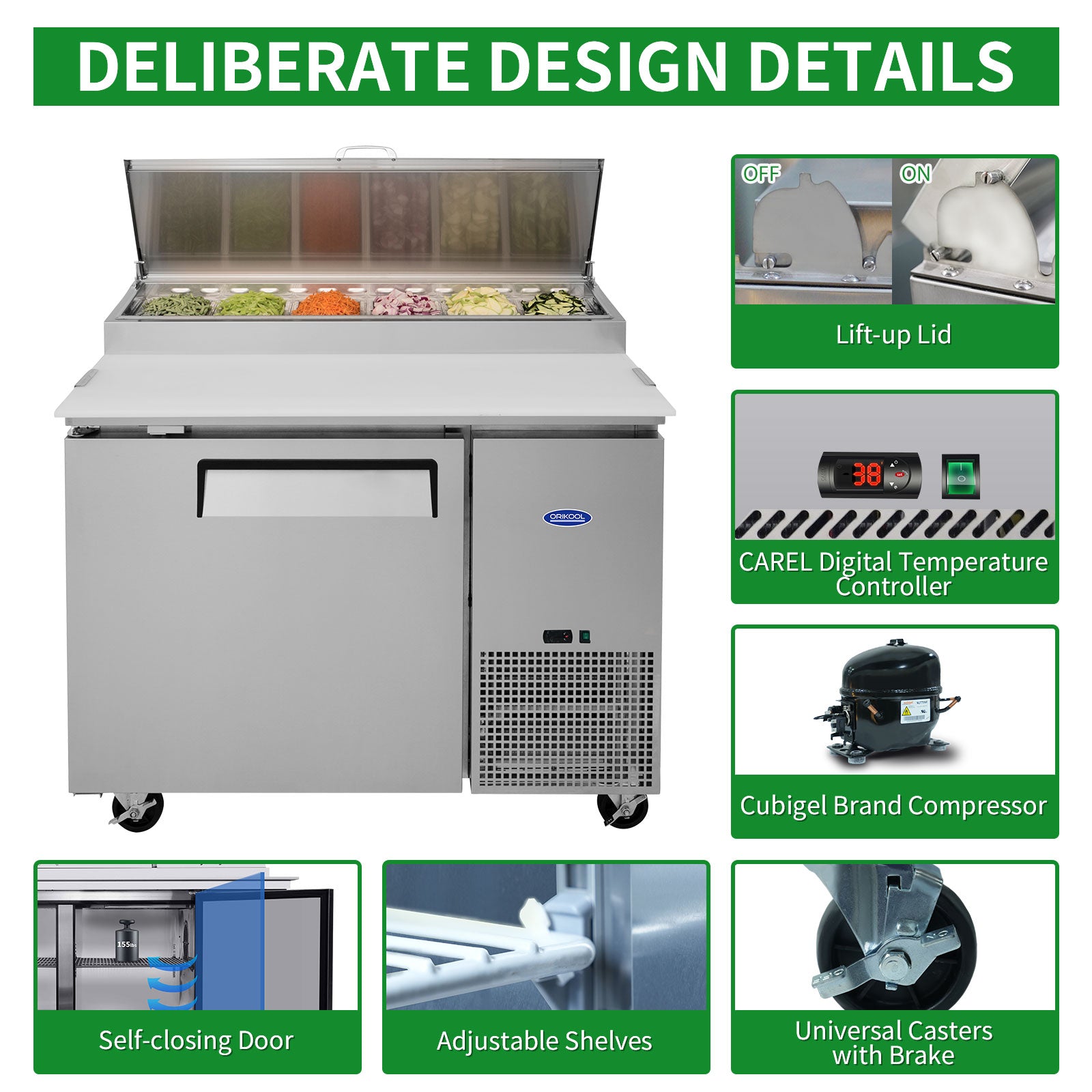 Orikool 44 In Commercial Pizza Prep Table with Refrigerator
