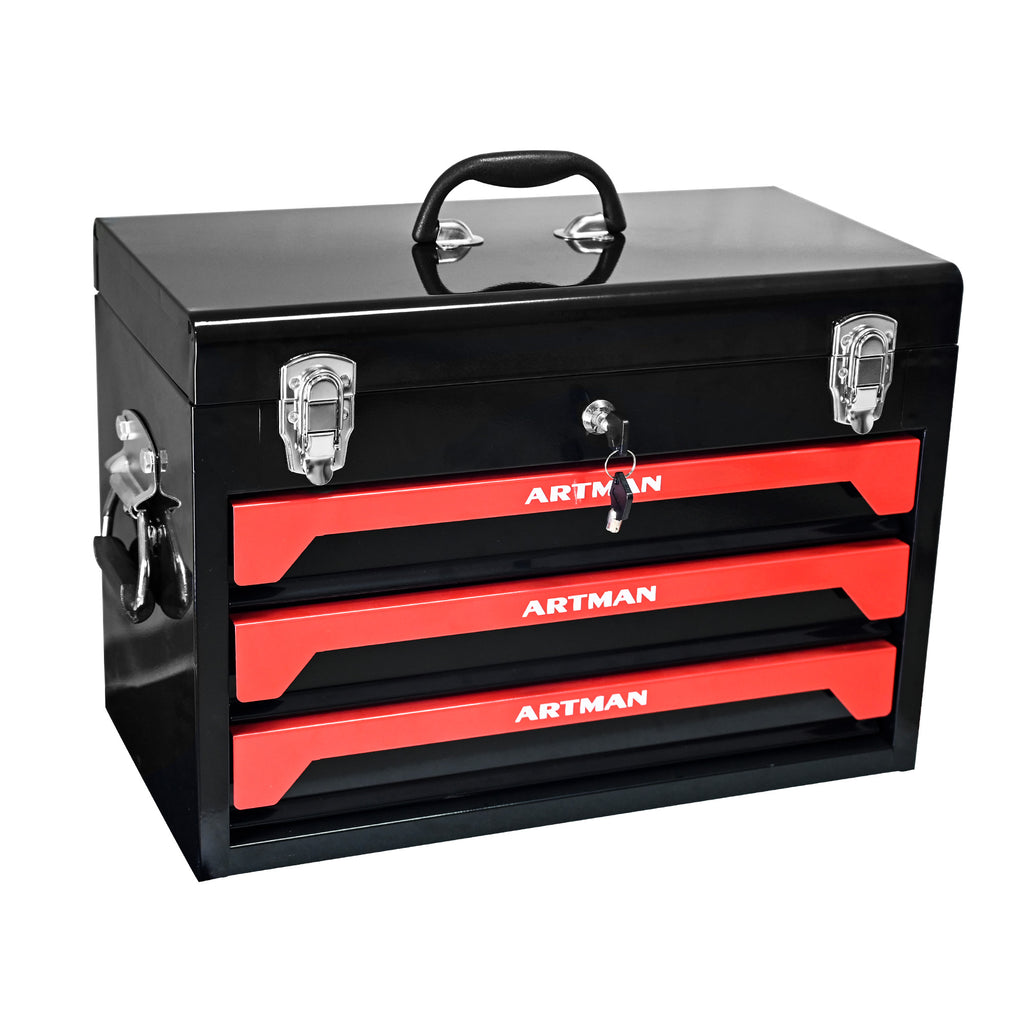 20" Portable 3 Drawer Steel Tool Box with Metal Latch Closure
