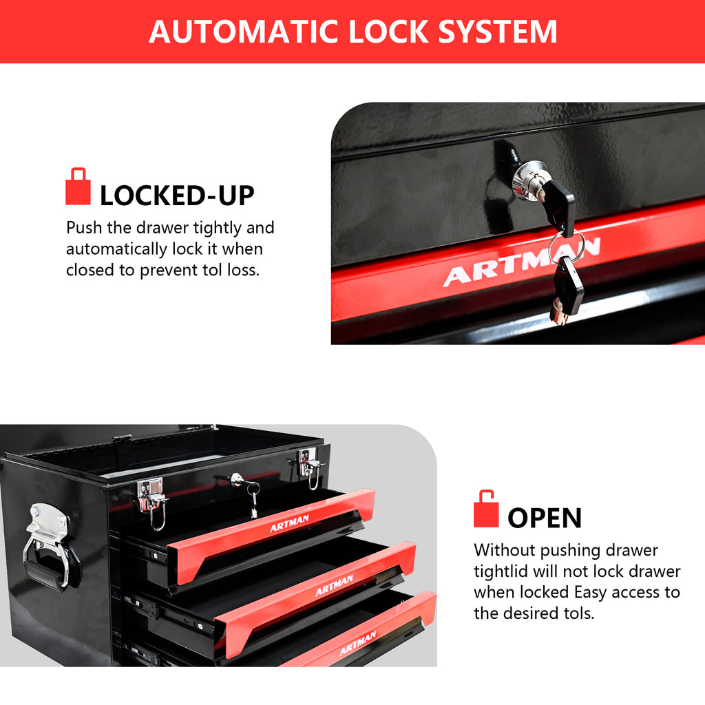 20" Portable 3 Drawer Steel Tool Box with Metal Latch Closure