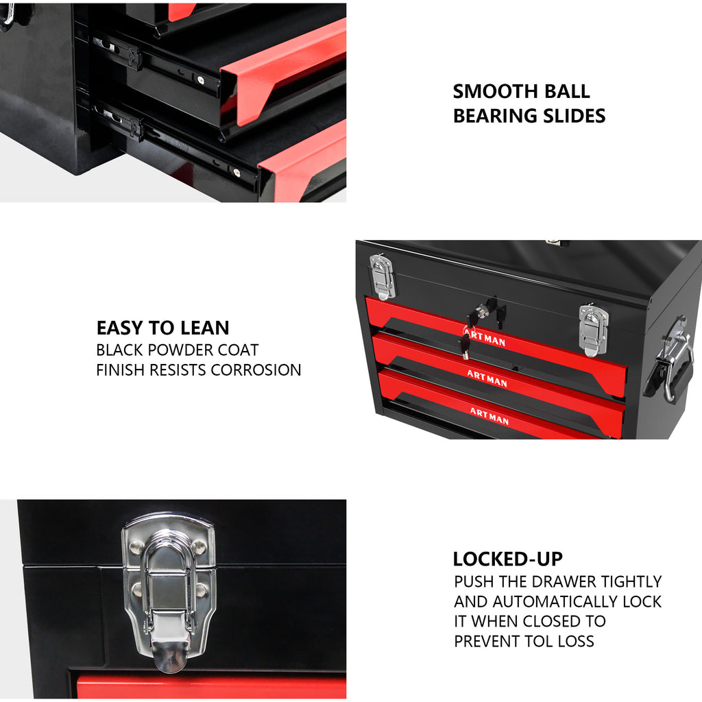 20" Portable 3 Drawer Steel Tool Box with Metal Latch Closure