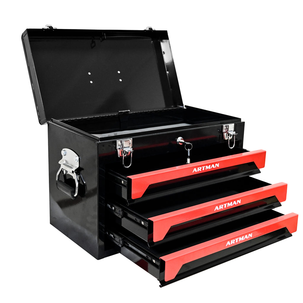 20" Portable 3 Drawer Steel Tool Box with Metal Latch Closure