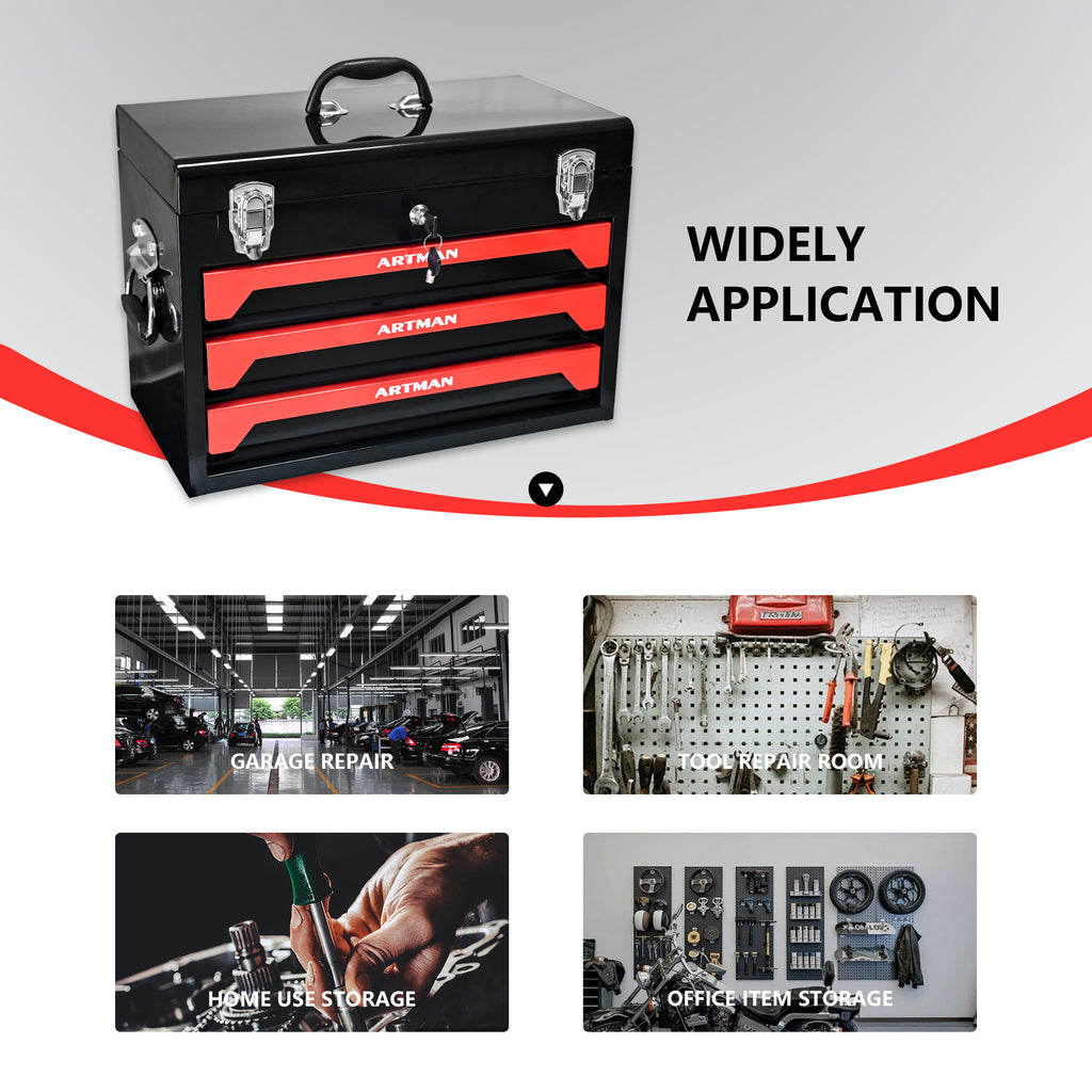 20" Portable 3 Drawer Steel Tool Box with Metal Latch Closure