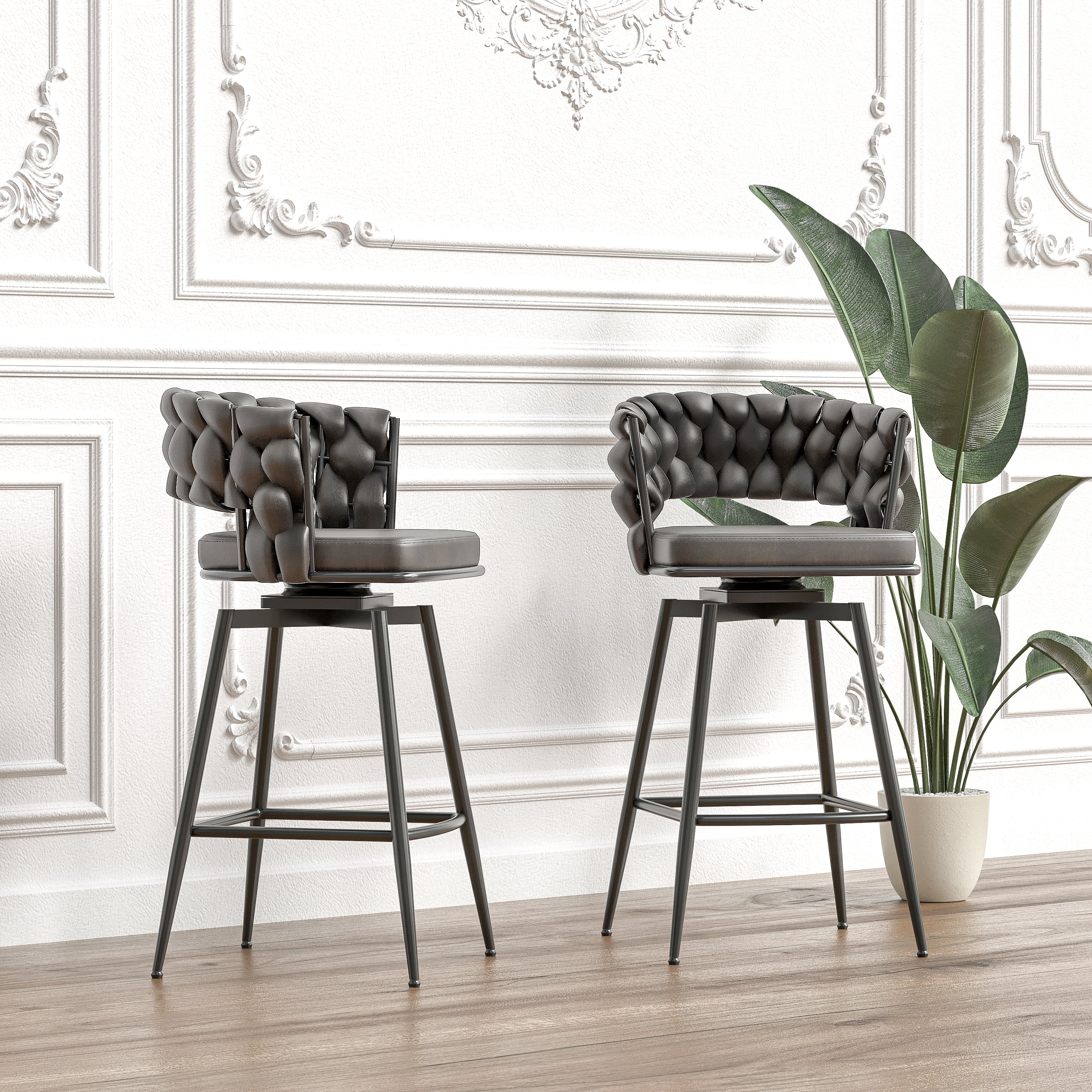 28" Technical Leather Woven Bar Stool Set of 2