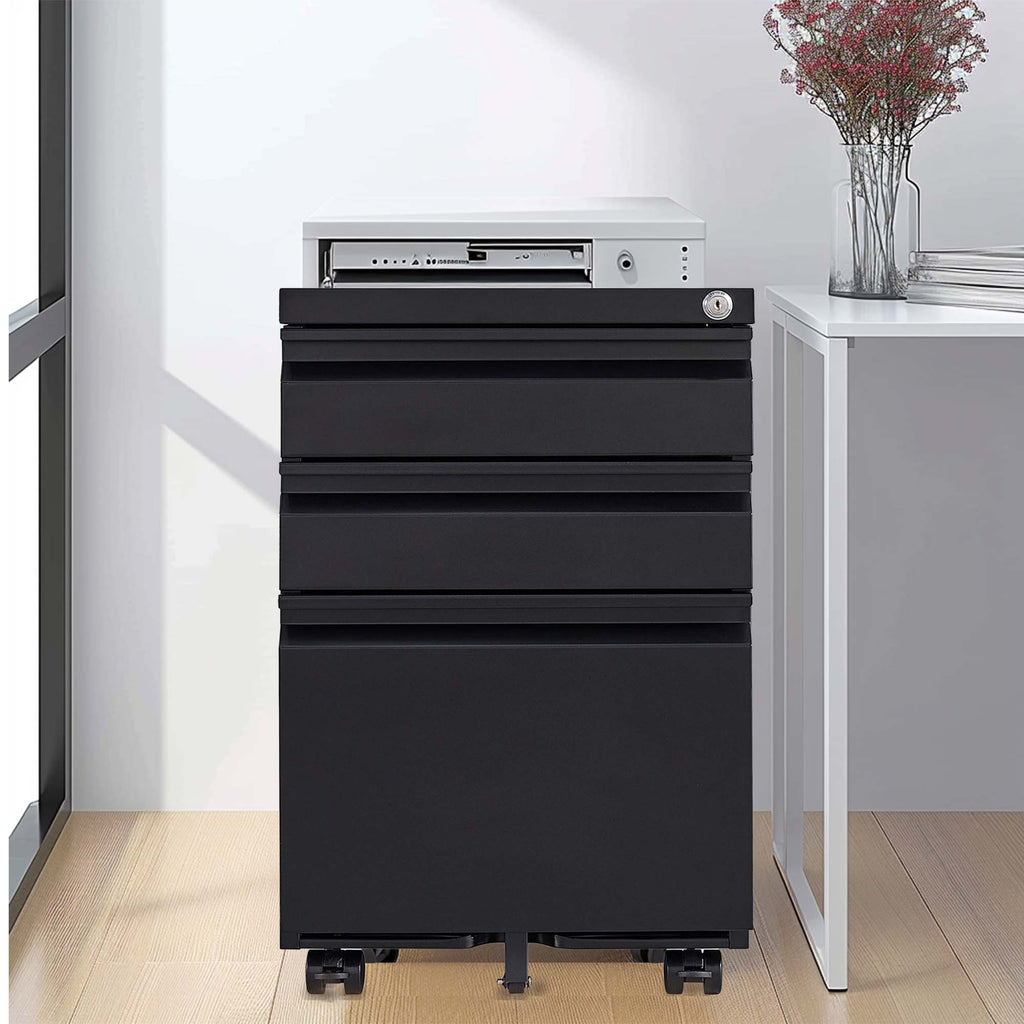 3-Drawer Mobile File Cabinet with Lock, Metal, Black