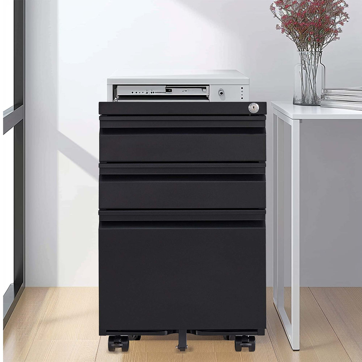 3-Drawer Mobile File Cabinet with Lock, Metal, Black