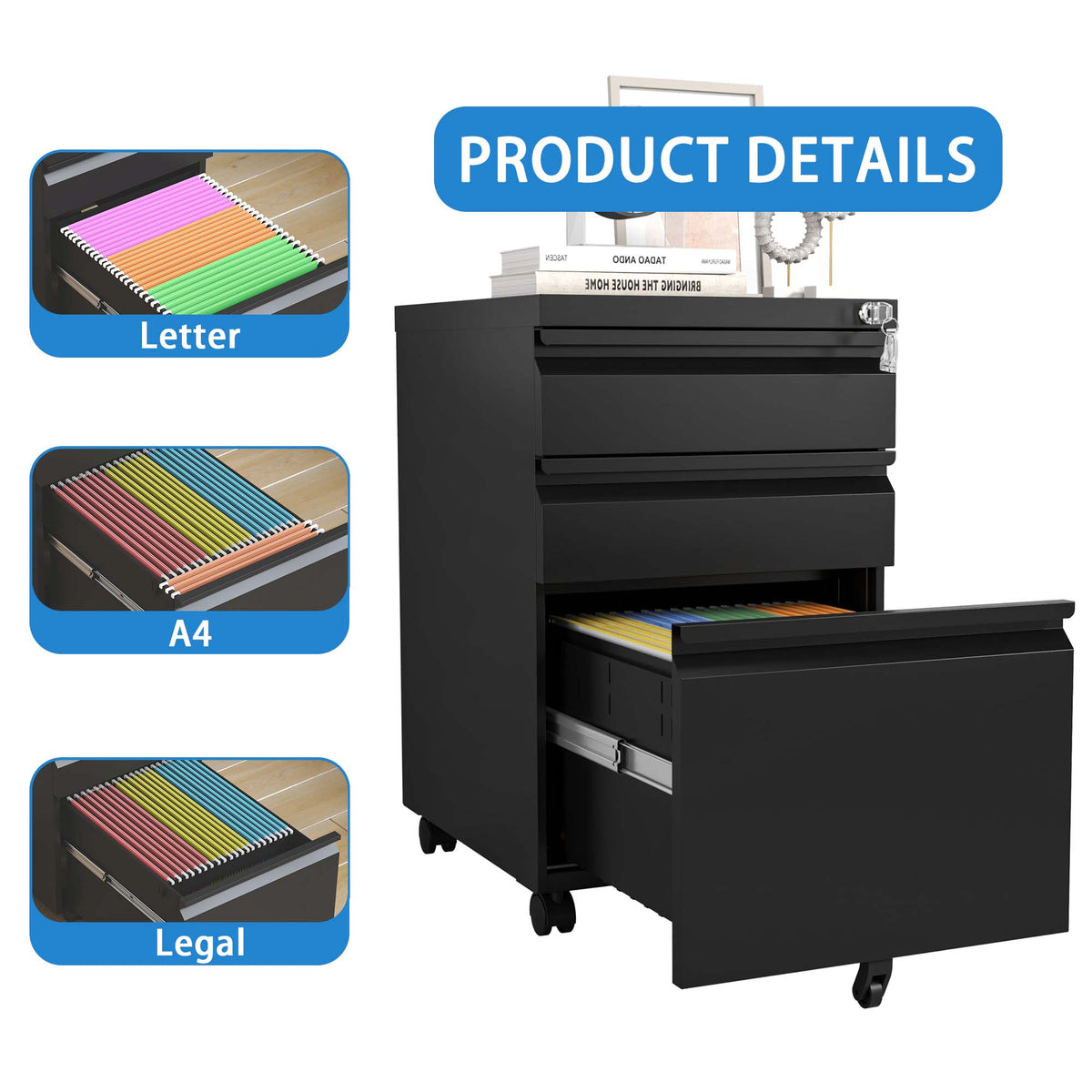3-Drawer Mobile File Cabinet with Lock, Metal, Black
