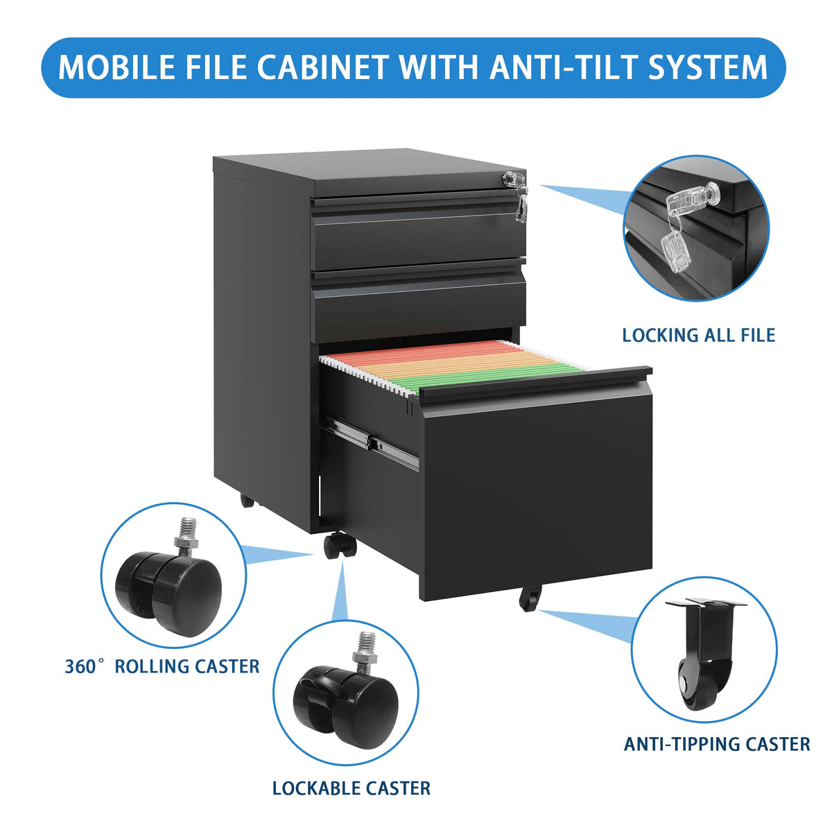 3-Drawer Mobile File Cabinet with Lock, Metal, Black