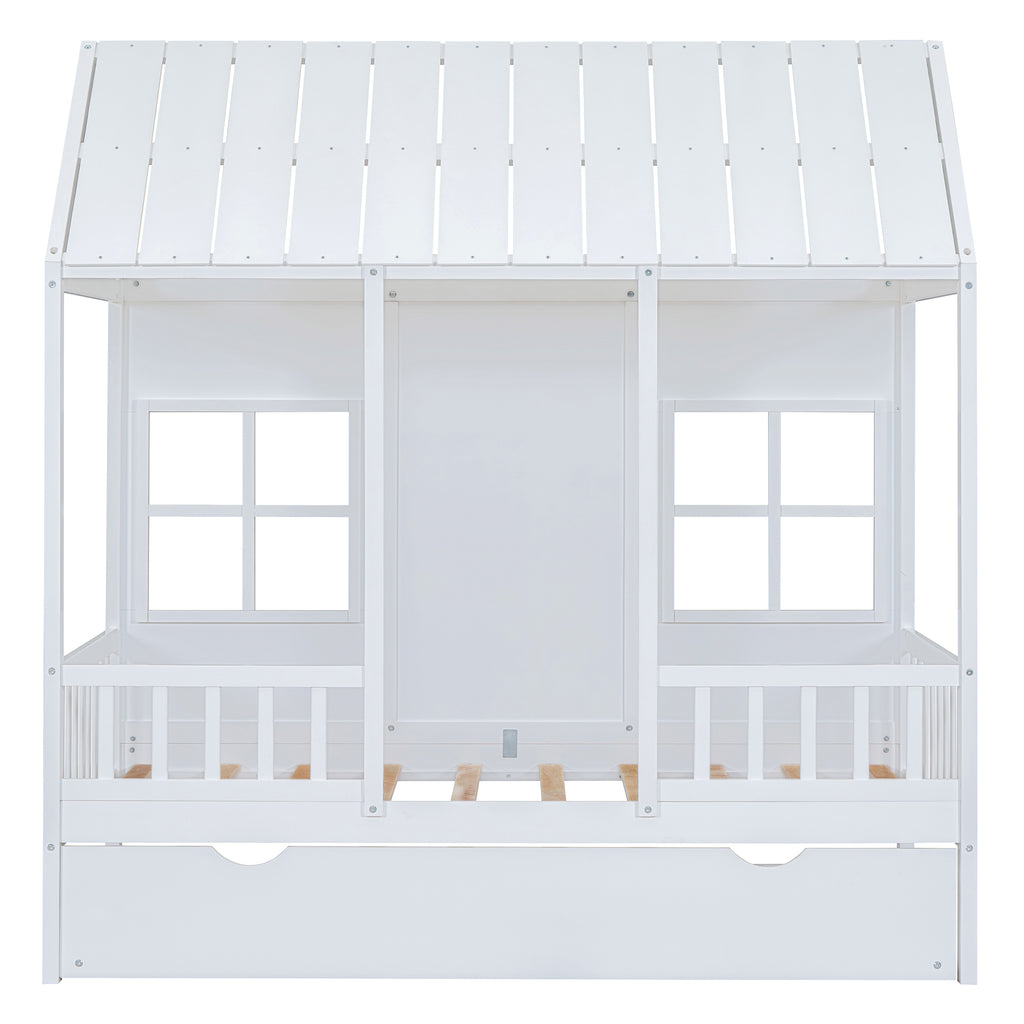 Twin Size Wood House Bed With Twin Size Trundle