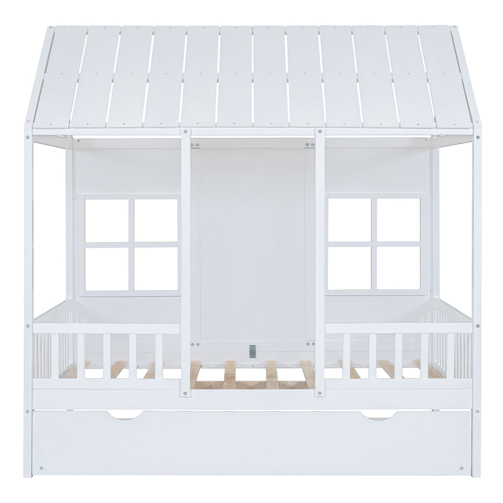 Full Size Wood House Bed With Twin Size Trundle