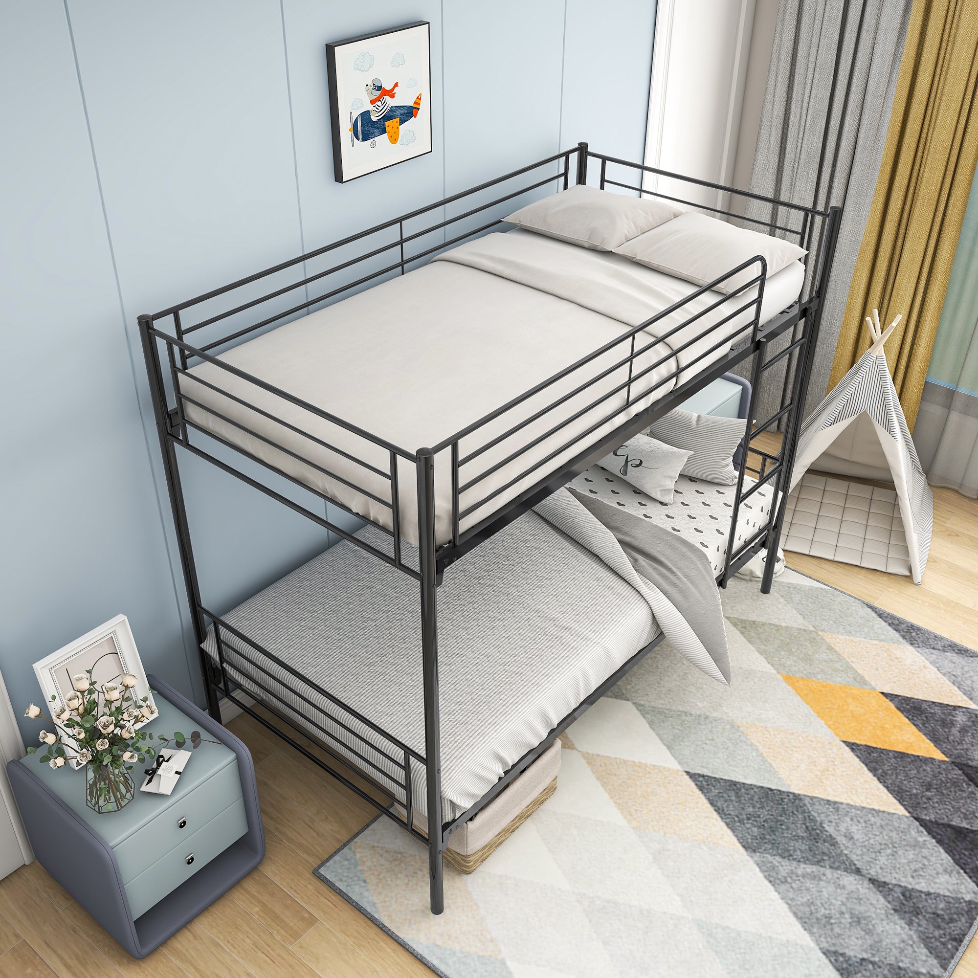Twin Over Twin Bunk Bed, Metal Frame with Ladder