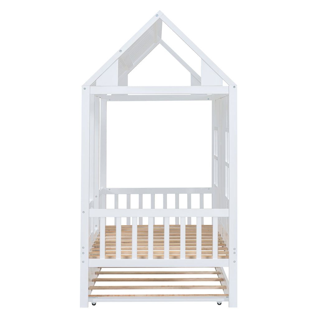 Twin Size Wood House Bed With Twin Size Trundle