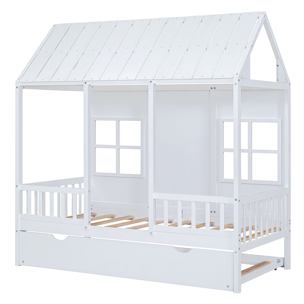 Twin Size Wood House Bed With Twin Size Trundle