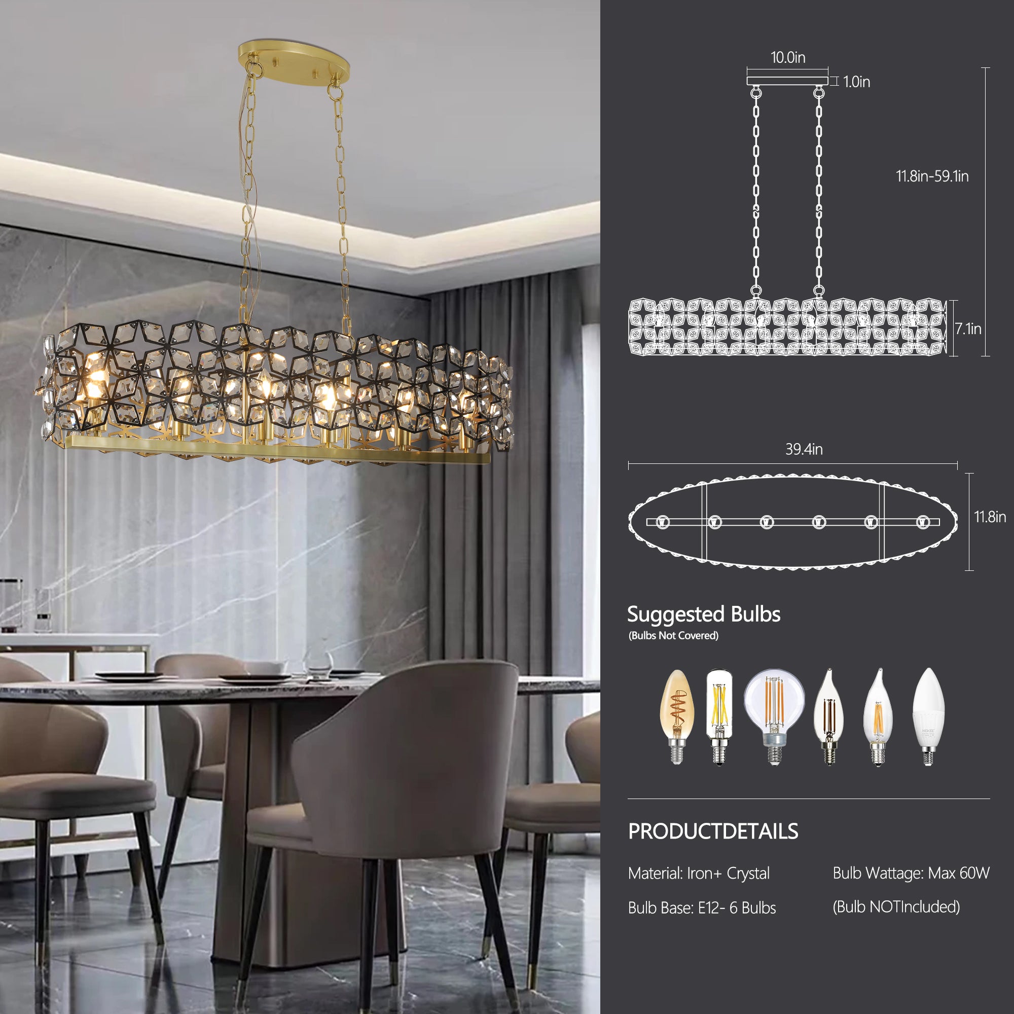 39" Contemporary Crystal and BlackGold Pendant Chandelier