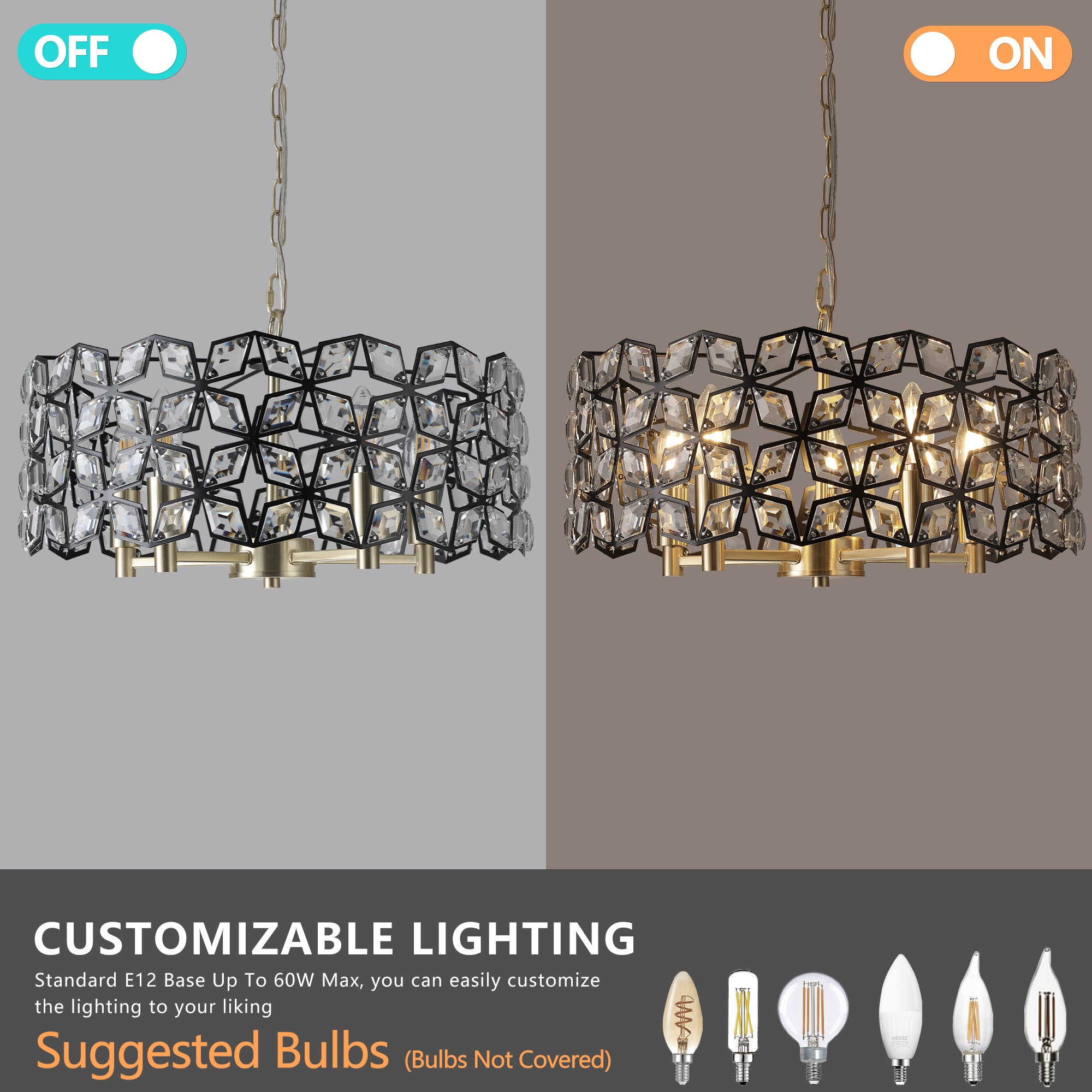 19" Geometric Crystal and BlackGold Round Pendant Chandelier