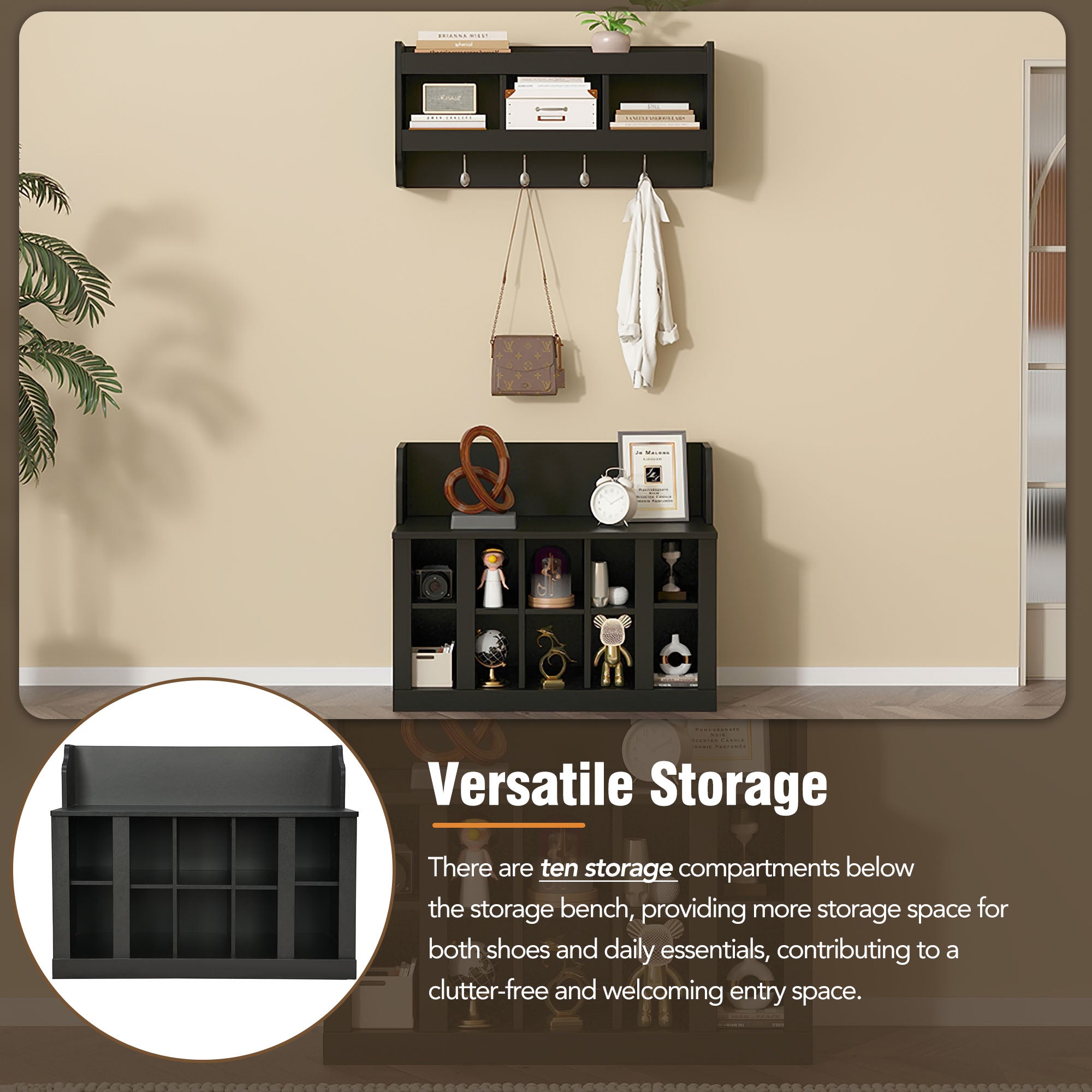 On-Trend Shoe Storage Bench With Shelves and Hooks
