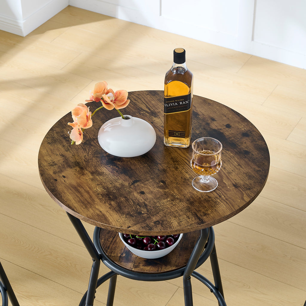 Rustic Round Bar Table And Stool Set with Shelf
