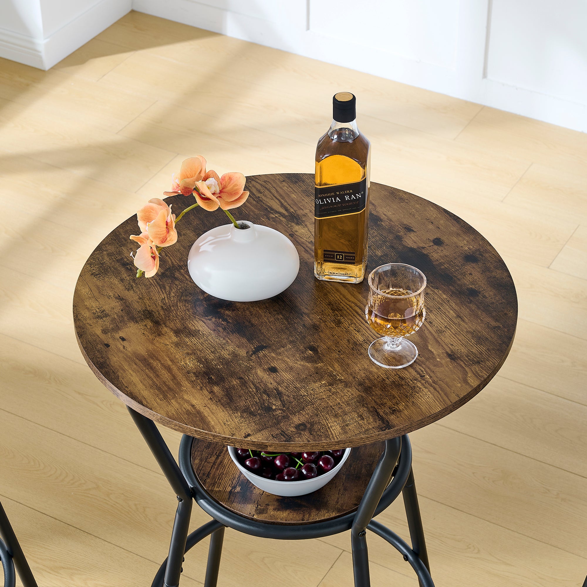 Rustic Round Bar Table And Stool Set with Shelf
