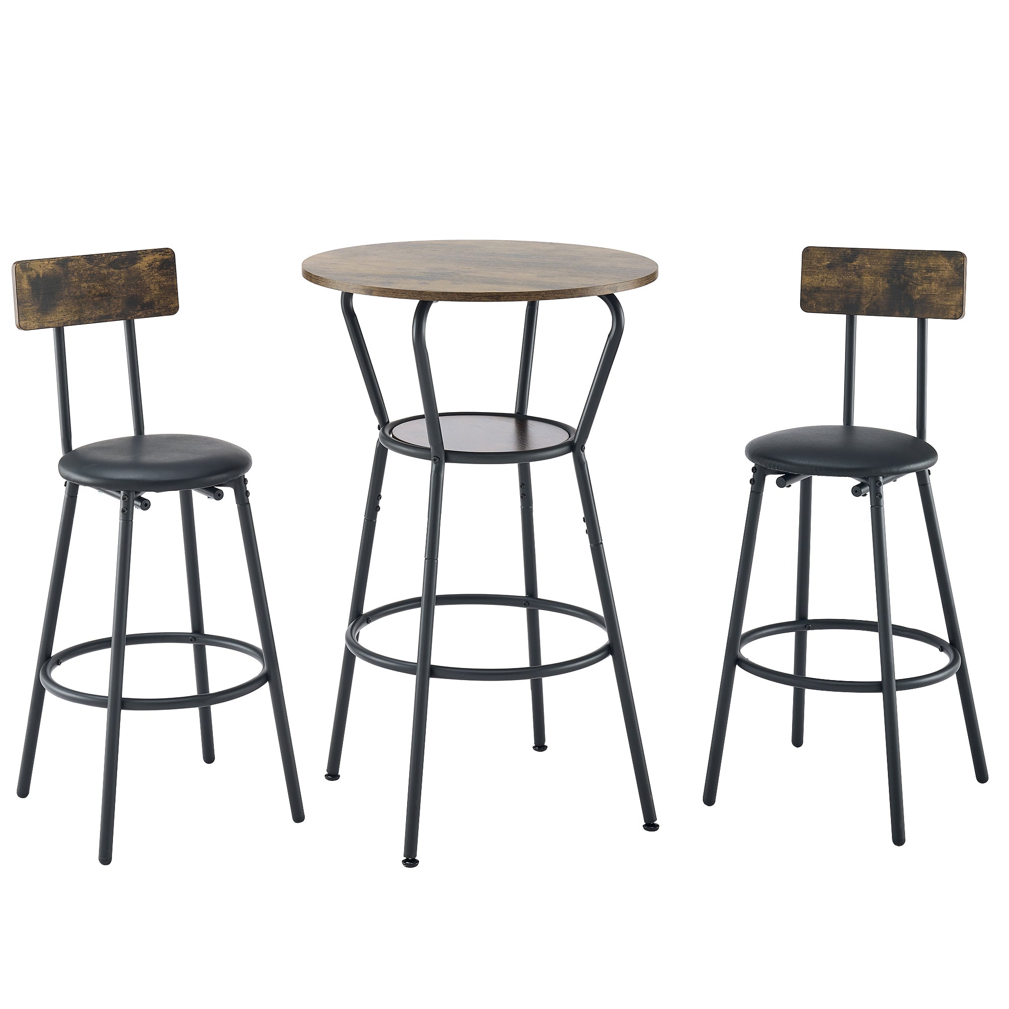 Rustic Round Bar Table And Stool Set with Shelf