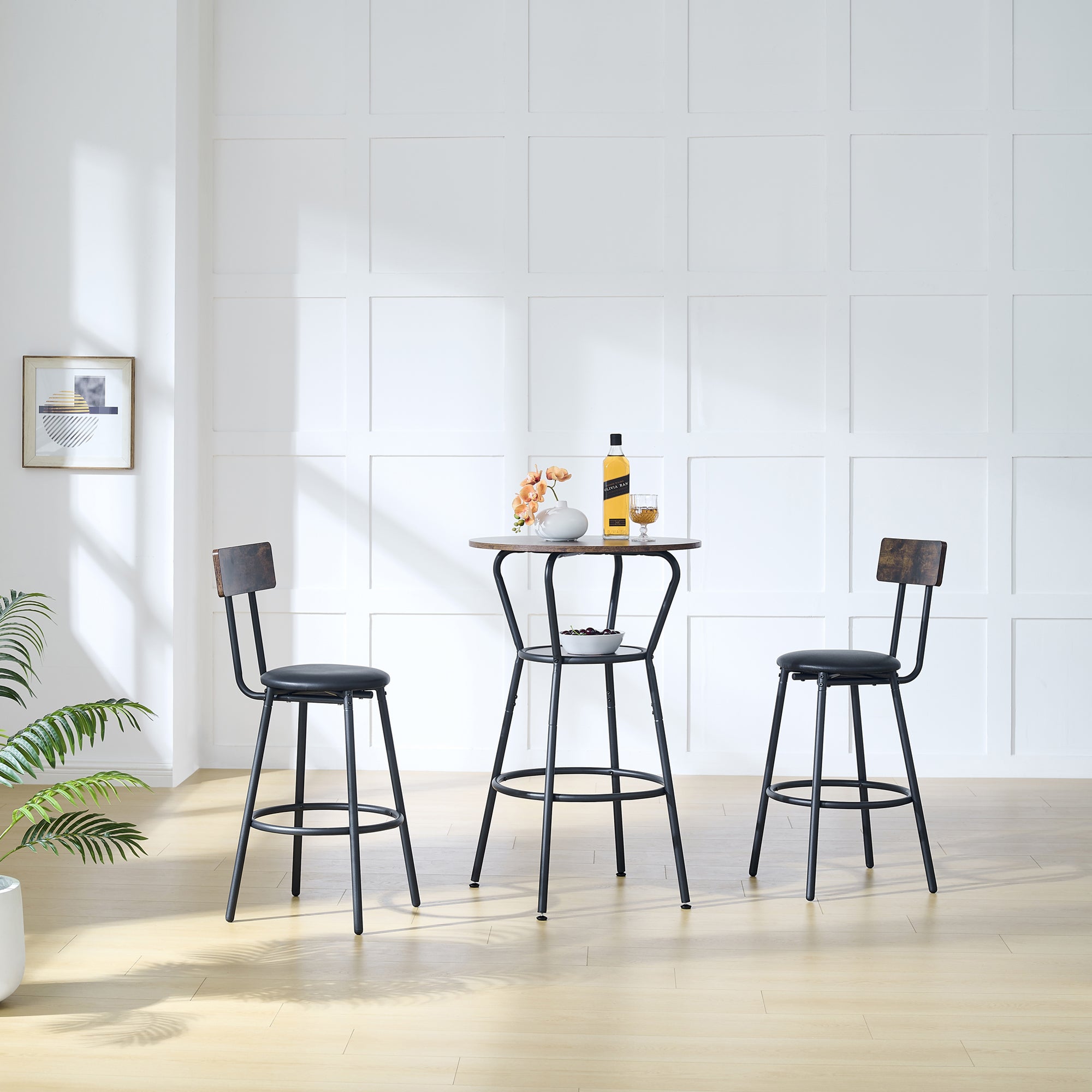 Rustic Round Bar Table And Stool Set with Shelf