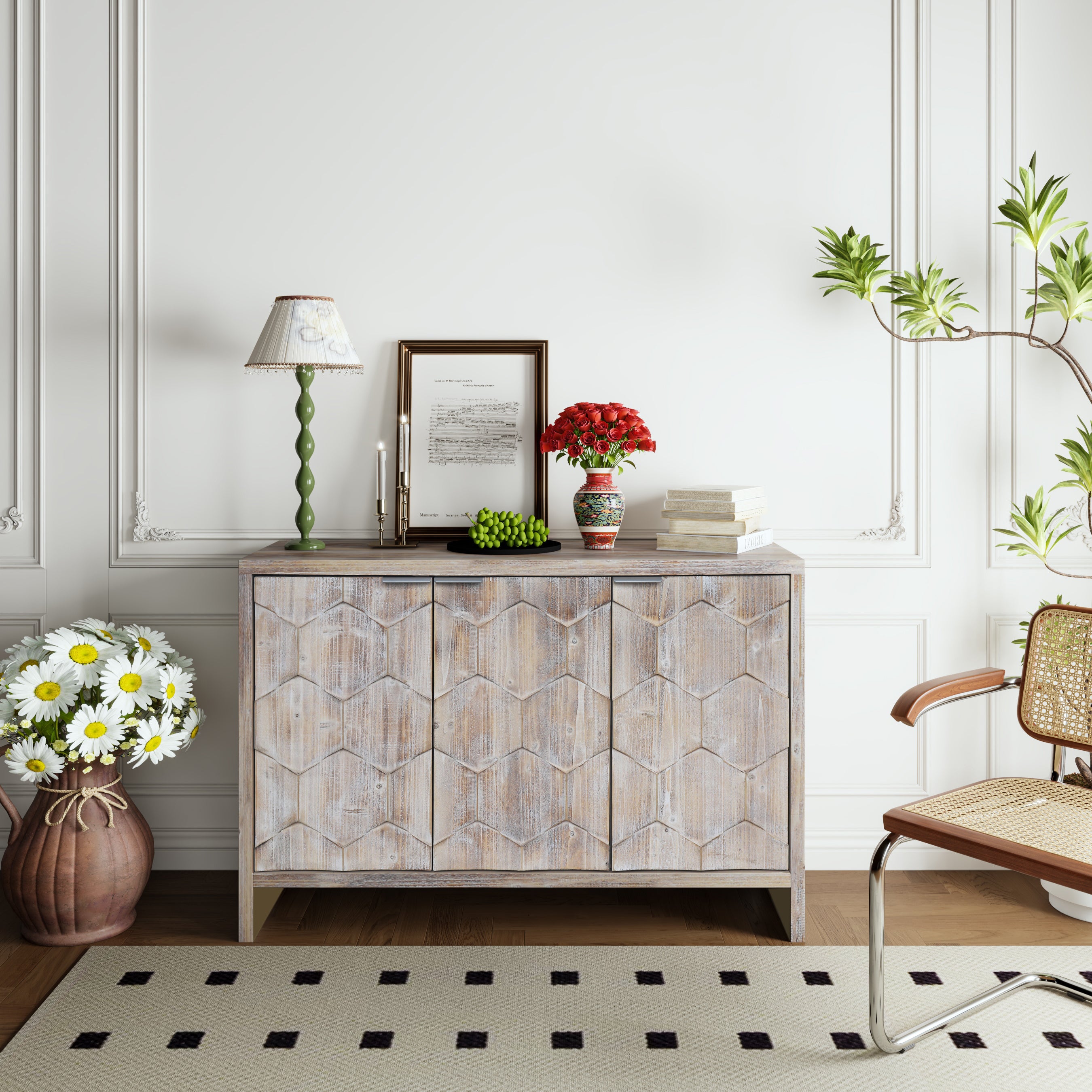 Farmhouse Style 3 Door Wooden Accent Cabinet