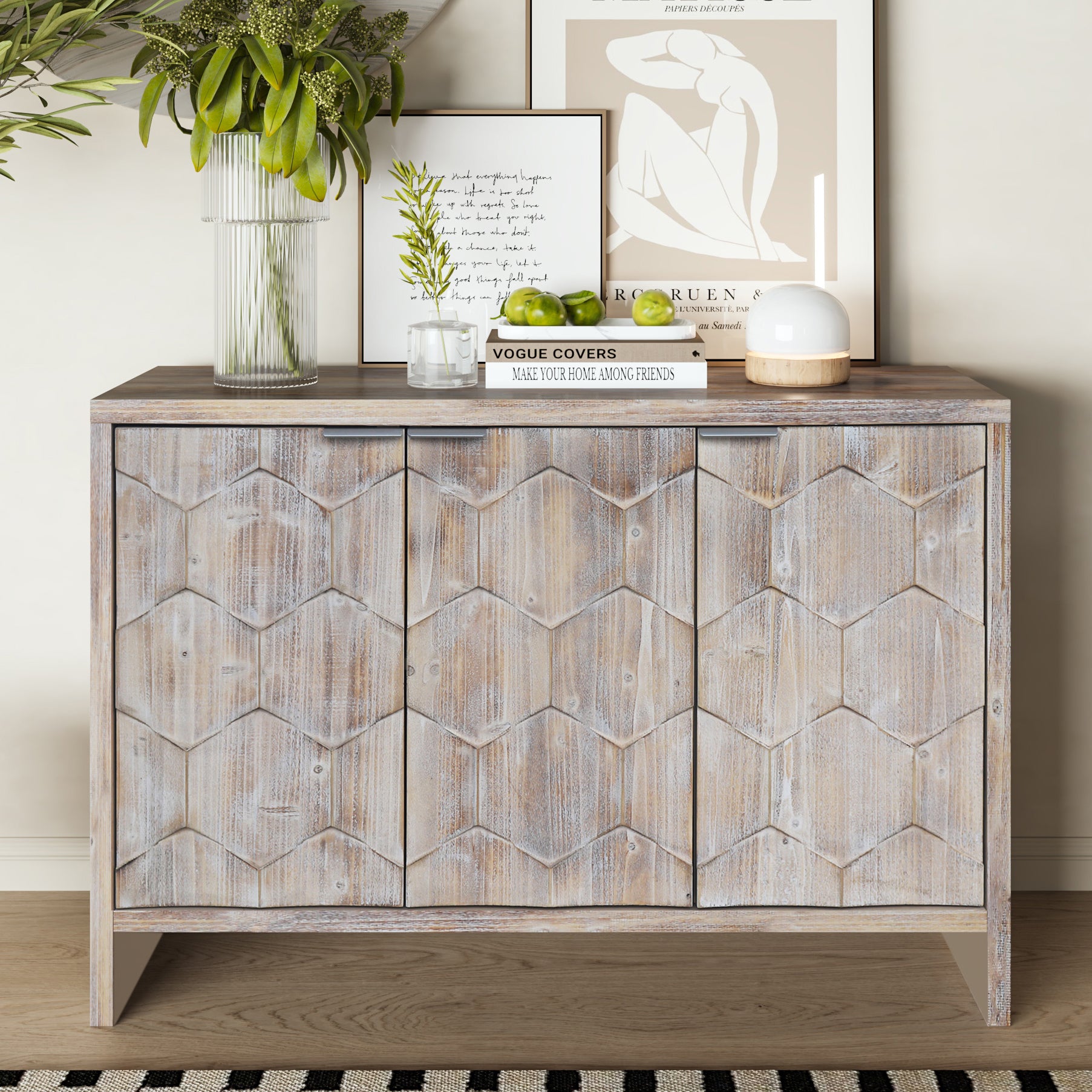 Farmhouse Style 3 Door Wooden Accent Cabinet