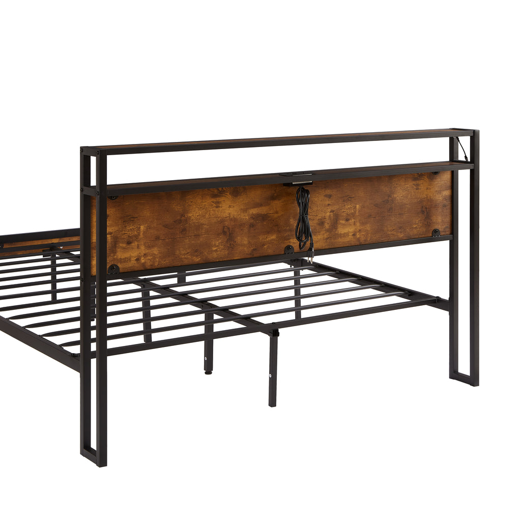 Queen Size Metal Platform Bed Frame with Wooden Headboard
