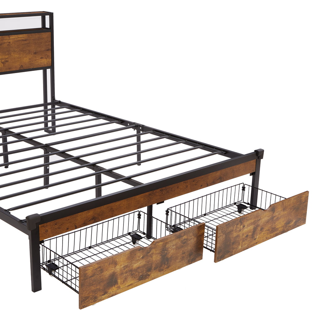 Full Size Metal Platform Bed Frame with Wooden Headboard