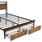 Full Size Metal Platform Bed Frame with Wooden Headboard