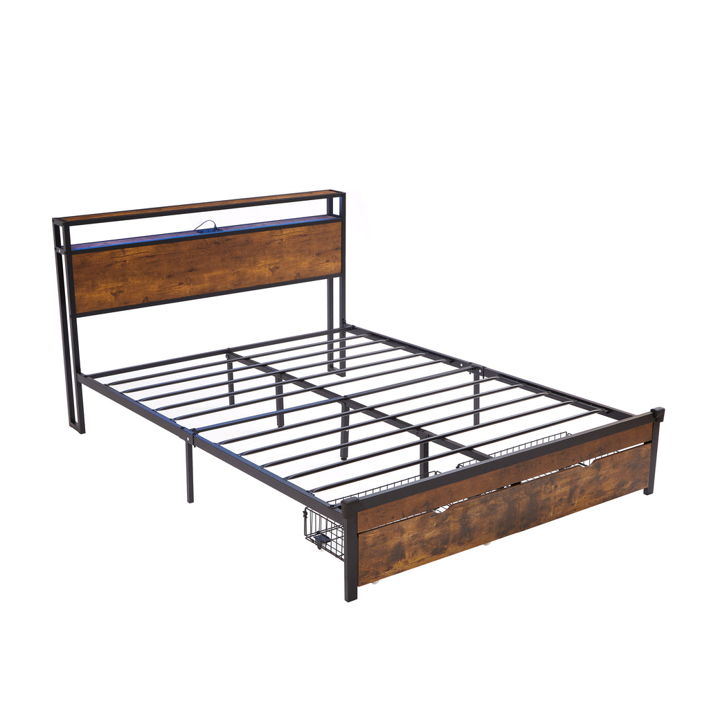 Full Size Metal Platform Bed Frame with Wooden Headboard