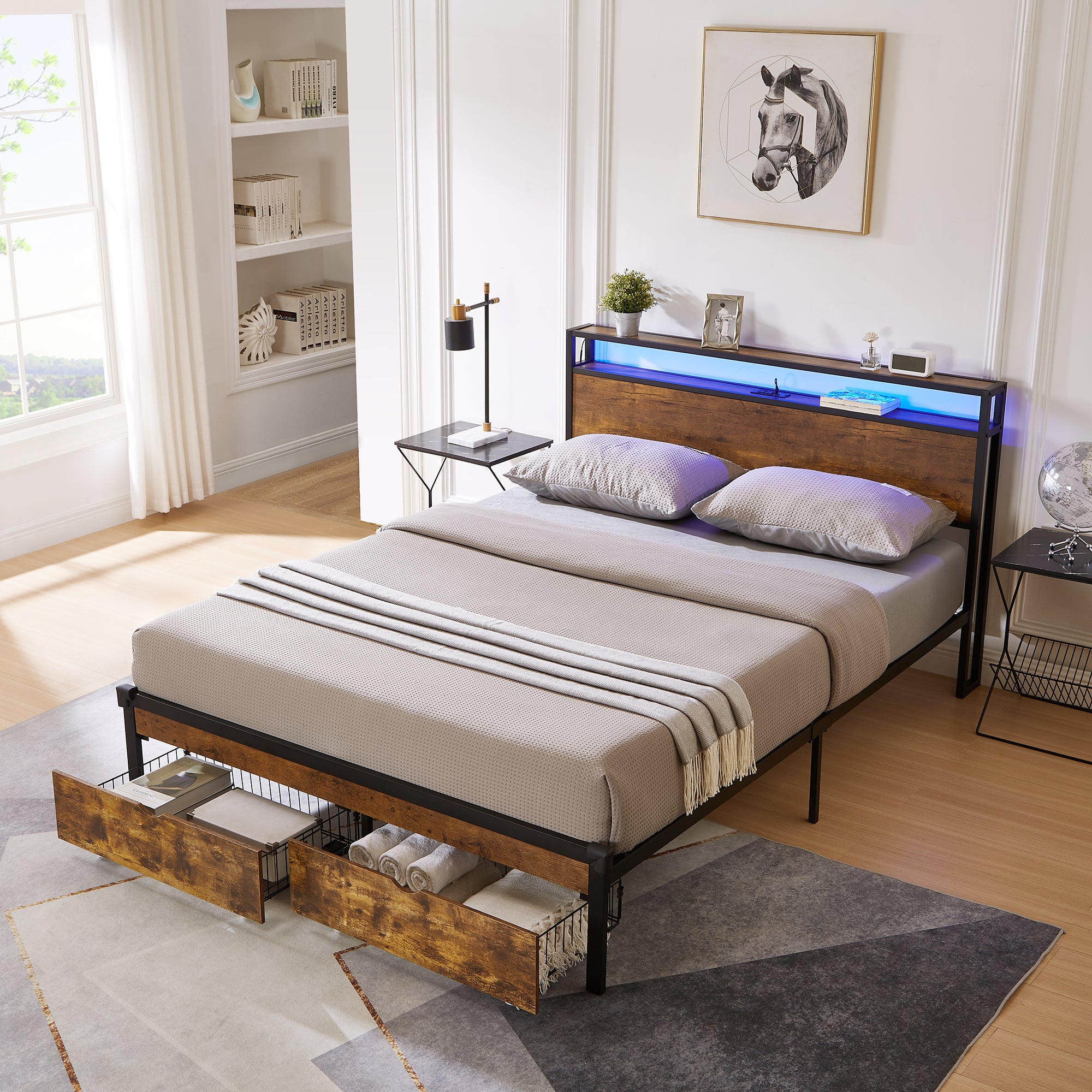 Full Size Metal Platform Bed Frame with Wooden Headboard
