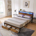 Queen Size Metal Platform Bed Frame with Wooden Headboard
