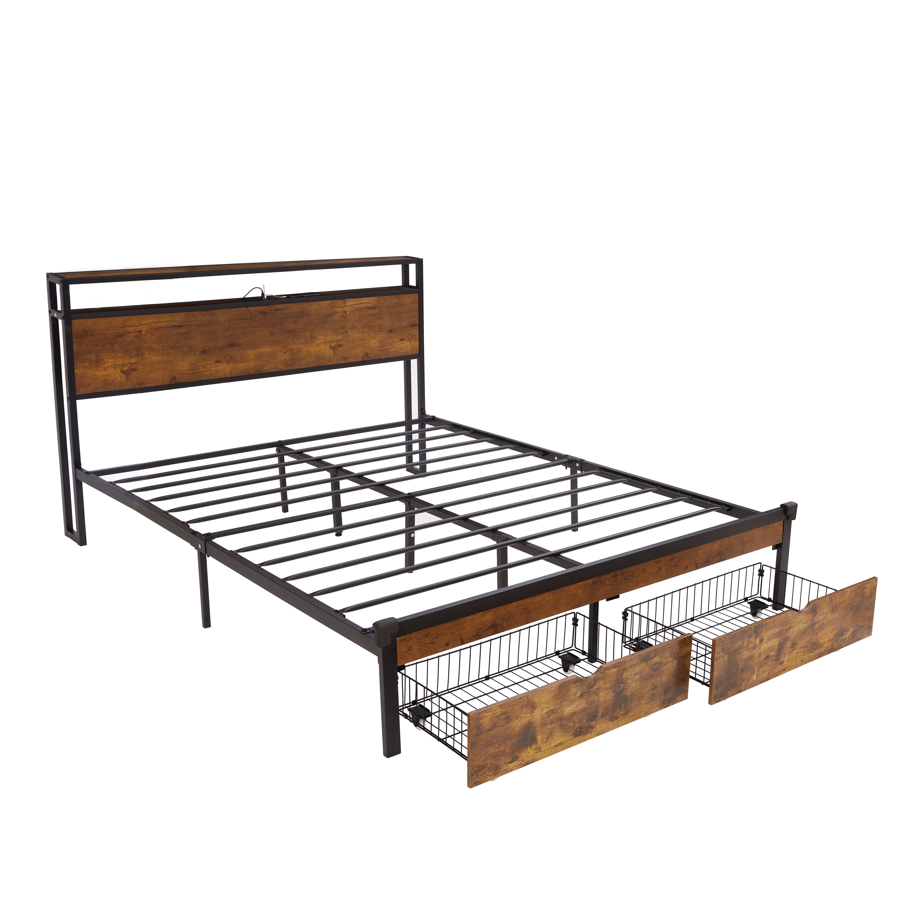Full Size Metal Platform Bed Frame with Wooden Headboard
