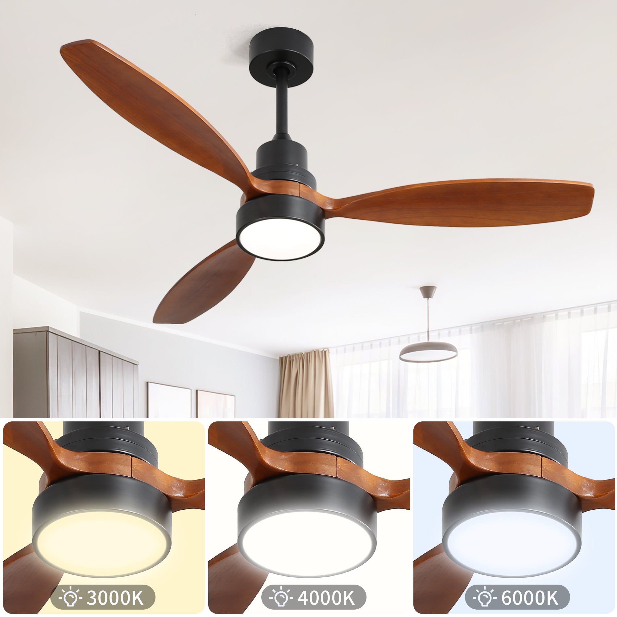 52 Inch Wooden Ceiling Fan With 3 Solid Wood Blades
