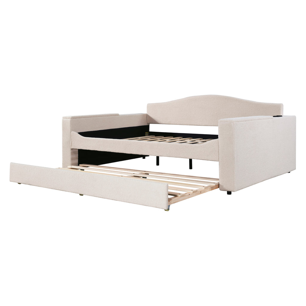Full Size Upholstered Daybed with Storage Armrests and Trundle