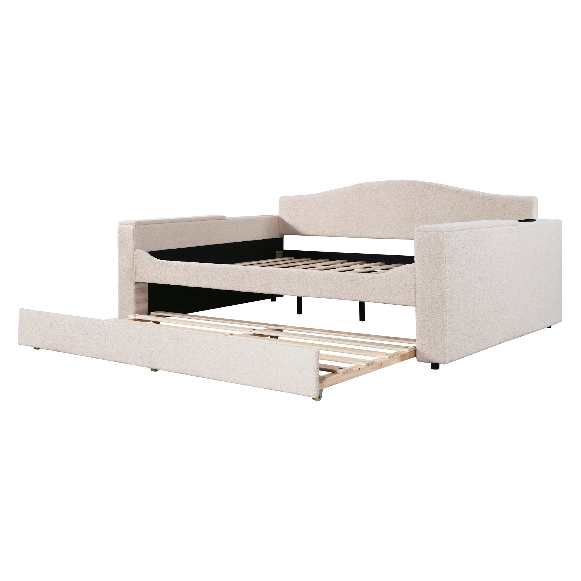 Full Size Upholstered Daybed with Storage Armrests and Trundle