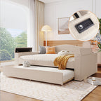 Full Size Upholstered Daybed with Storage Armrests and Trundle