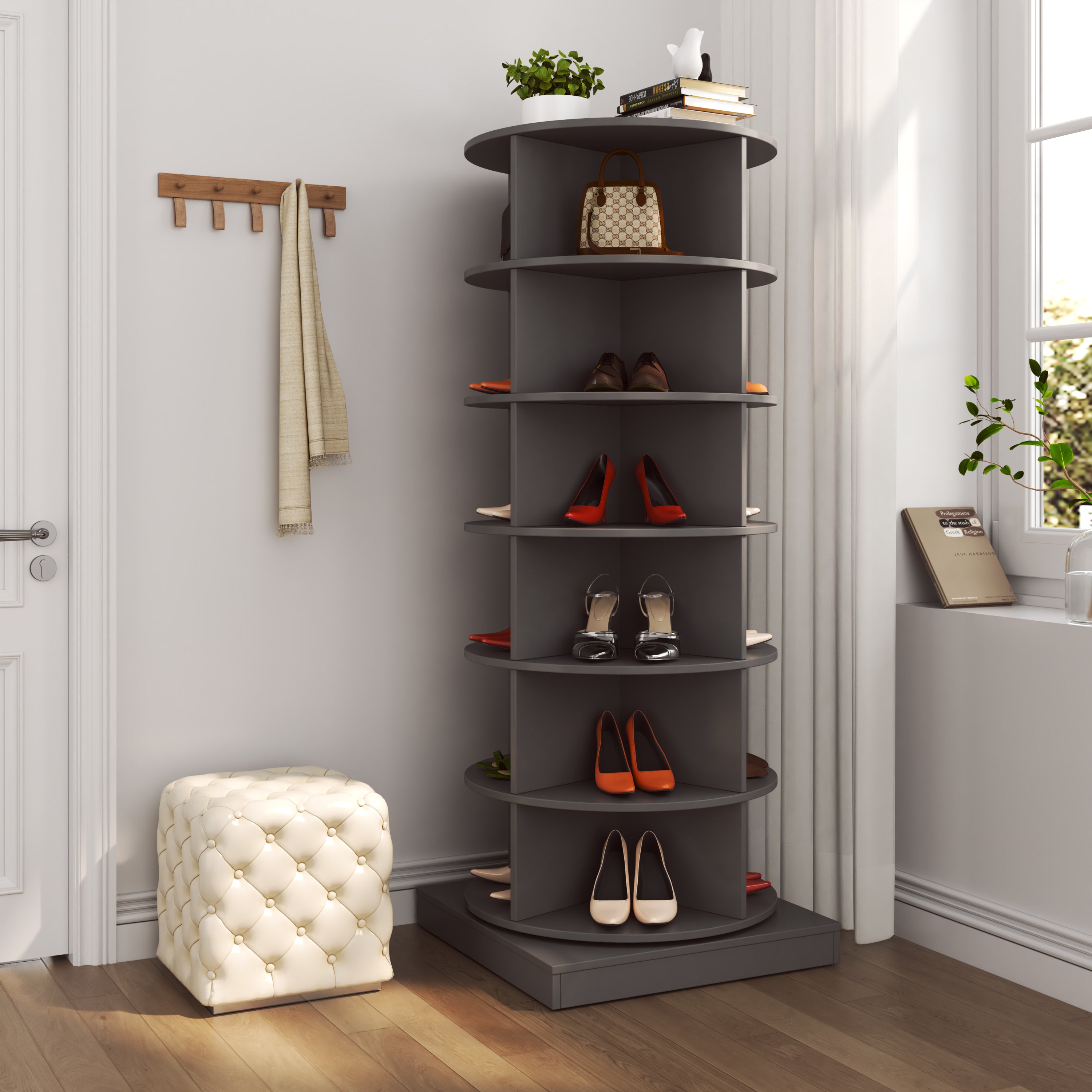 Grey 360 Rotating Shoe Cabinet - 6 Layers
