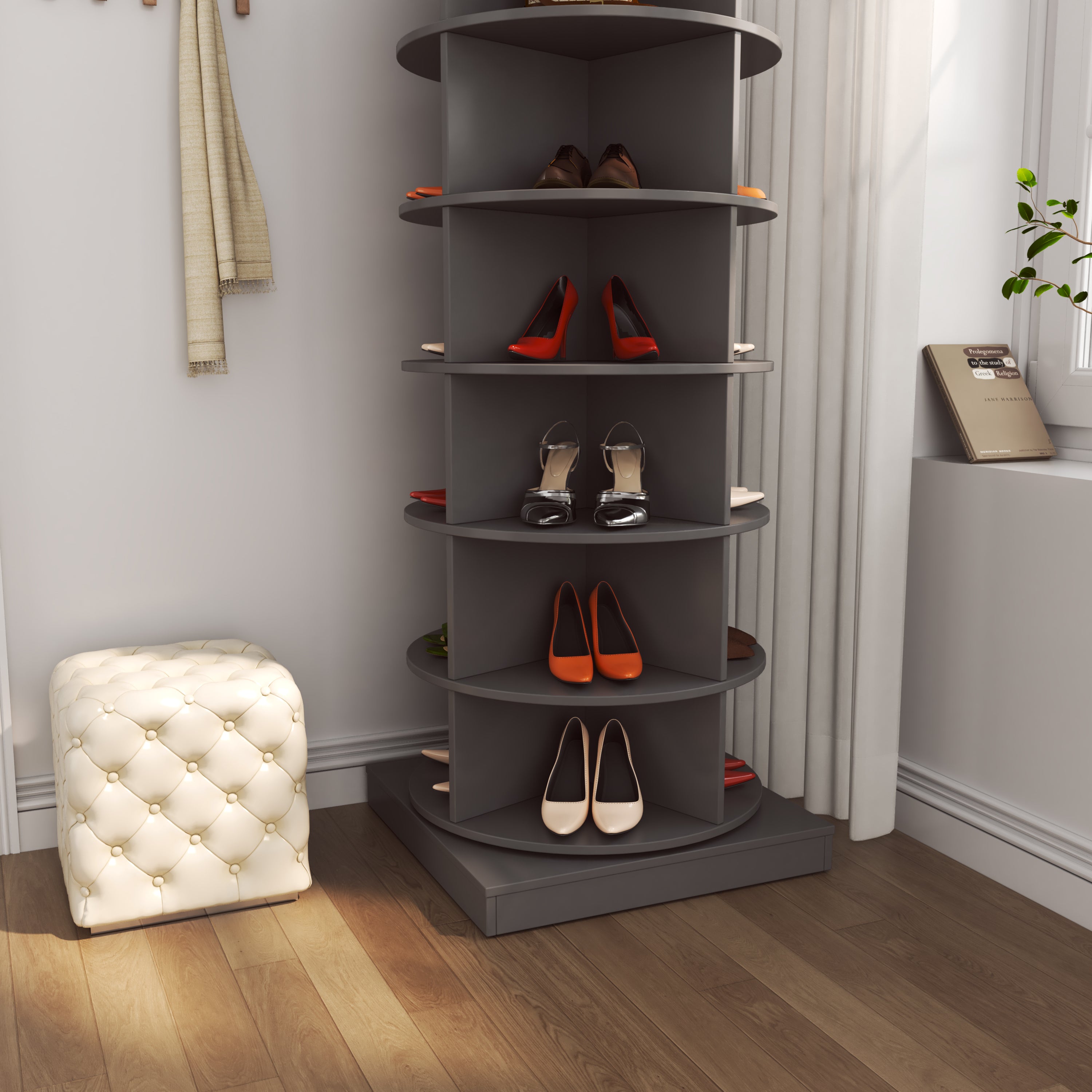 Grey 360 Rotating Shoe Cabinet - 6 Layers