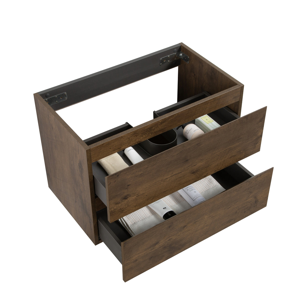 Alice Wall Mount Bathroom Vanity Cabinet, 30-Inch, Walnut, Two Drawers, No Basin