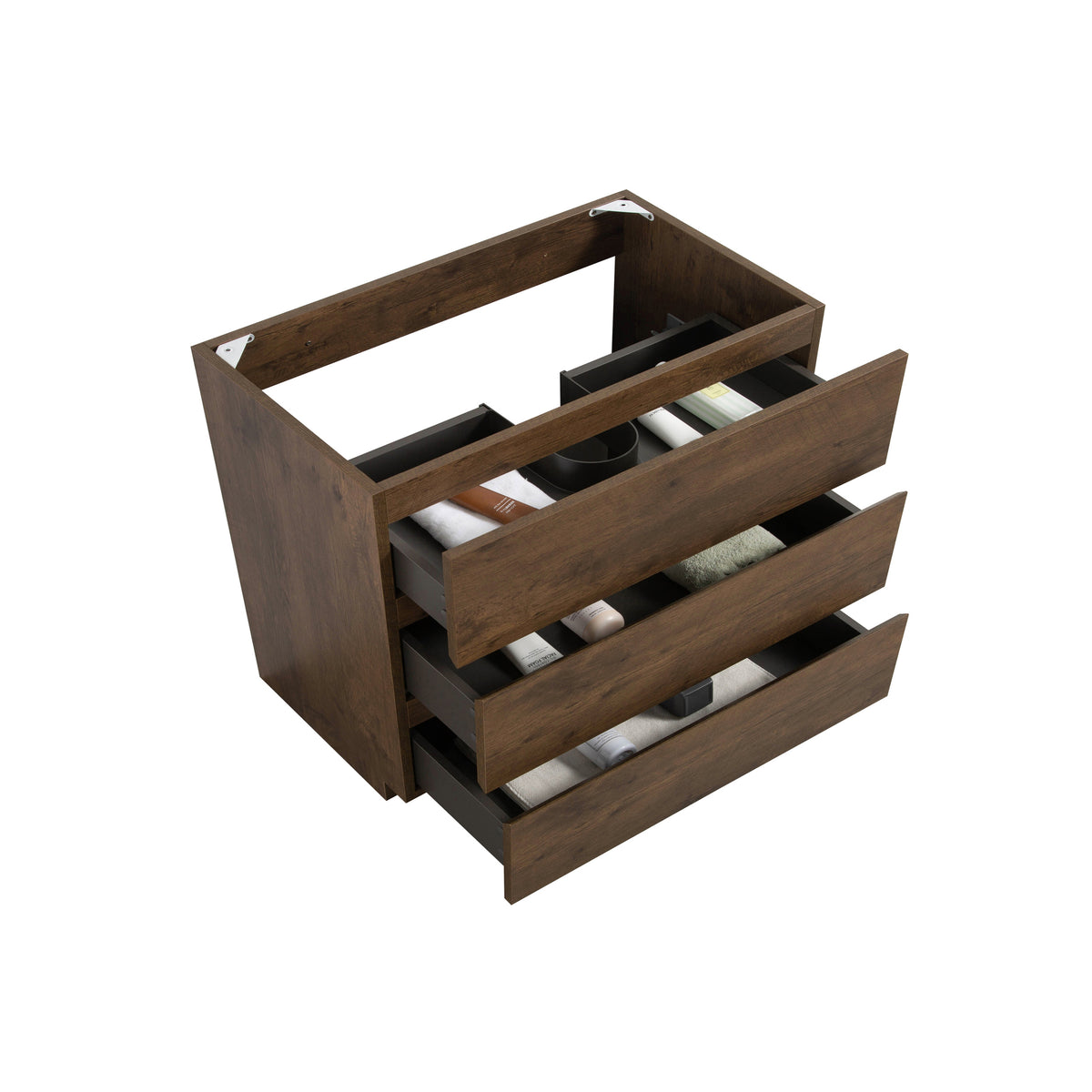 Alice Floor Cabinet Vanity, 36 Inches, Walnut, Three Drawers