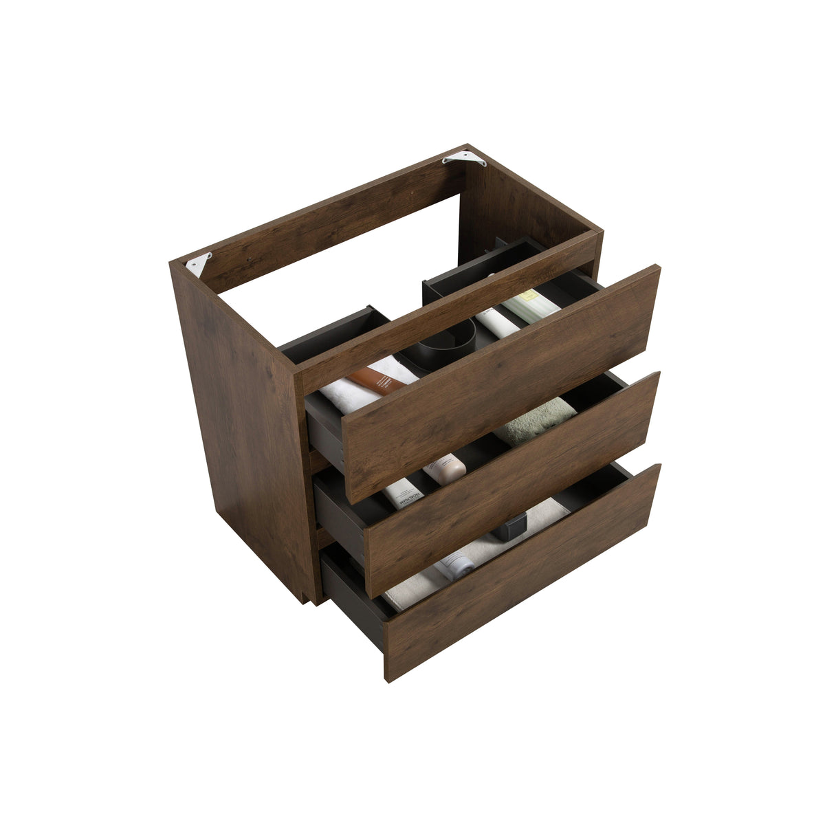 Alice Floor Cabinet Vanity, 30-Inch, Walnut, Three Drawers, No Basin