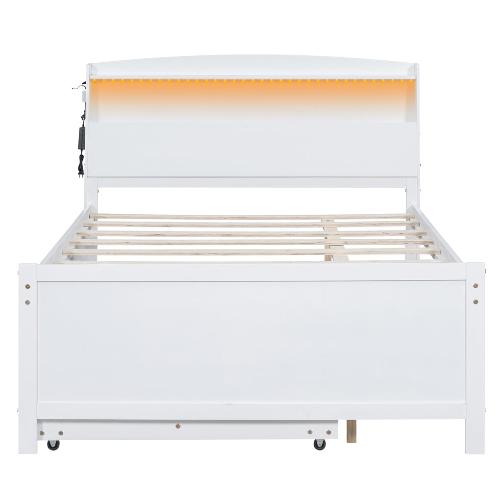 Full Size Platform Bed with Storage LED Headboard, Twin Size Trundle and 3 Drawers
