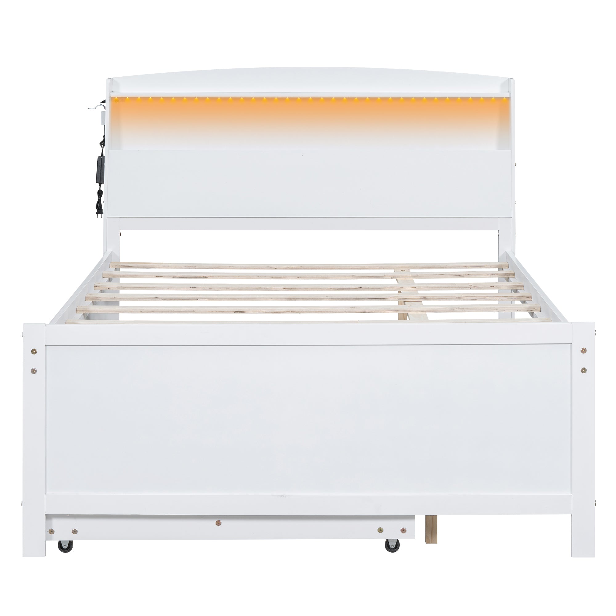 Full Size Platform Bed with Storage LED Headboard, Twin Size Trundle and 3 Drawers