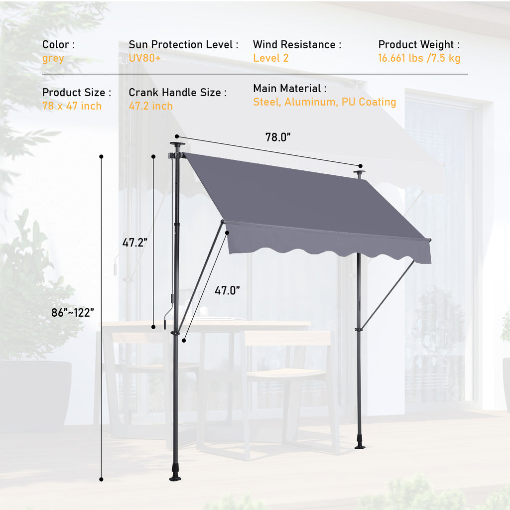 Manual Retractable Awning - 78'' UV-Protected Outdoor Canopy