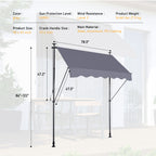Manual Retractable Awning - 78'' UV-Protected Outdoor Canopy