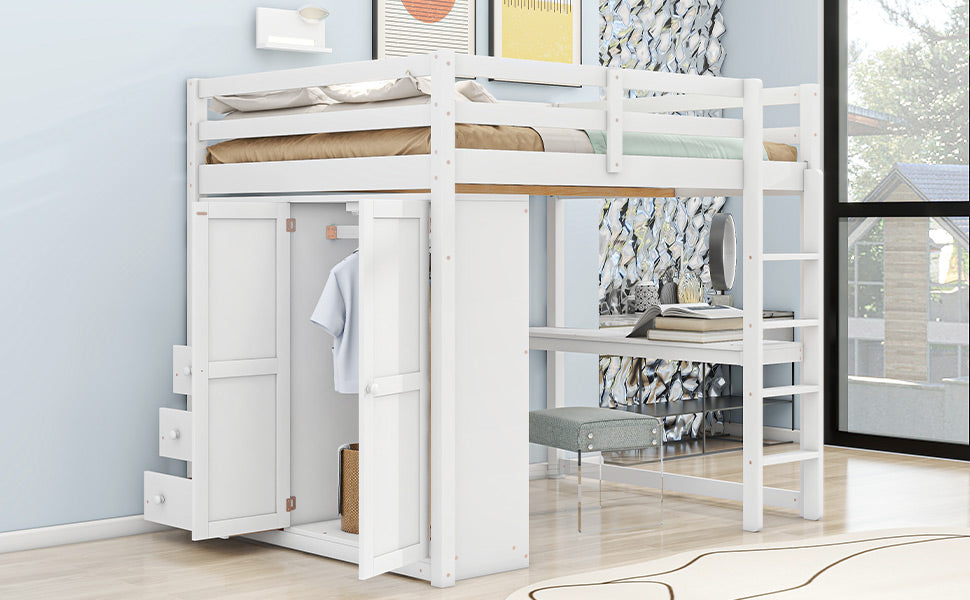 Wood Full Size Loft Bed with Built-in Wardrobe, Desk, Storage Shelves and Drawers