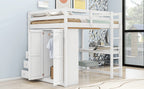 Wood Full Size Loft Bed with Built-in Wardrobe, Desk, Storage Shelves and Drawers