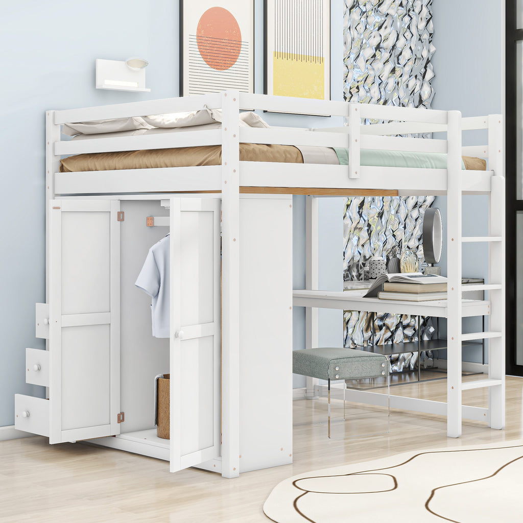 Wood Full Size Loft Bed with Built-in Wardrobe, Desk, Storage Shelves and Drawers