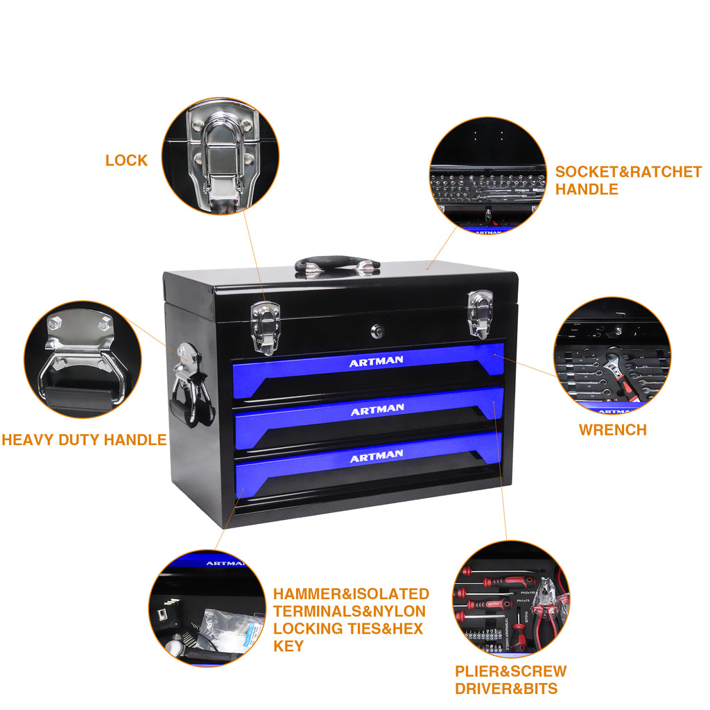 20'' Portable 3-Drawer Steel Toolbox